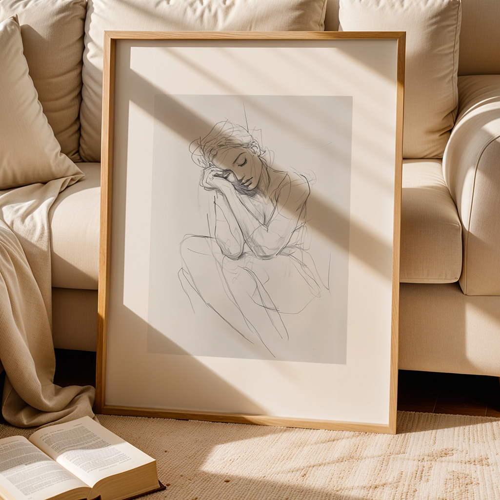 Framed sketch of a resting woman on a light rug next to a cream sofa and an open book, dappled in sunlight.