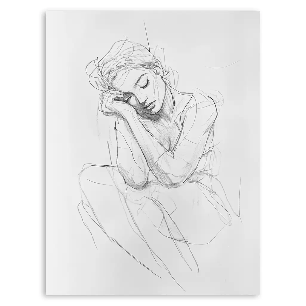 Close-up of a charcoal sketch showing a woman with closed eyes, head resting on her arms, implying sleep or deep thought.