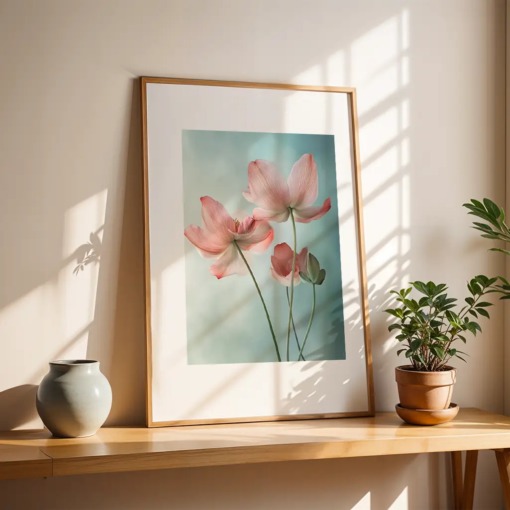 Framed print of pink lotus-like flowers on light blue background, on a wooden shelf next to a gray vase and a potted plant, with sun stripes.