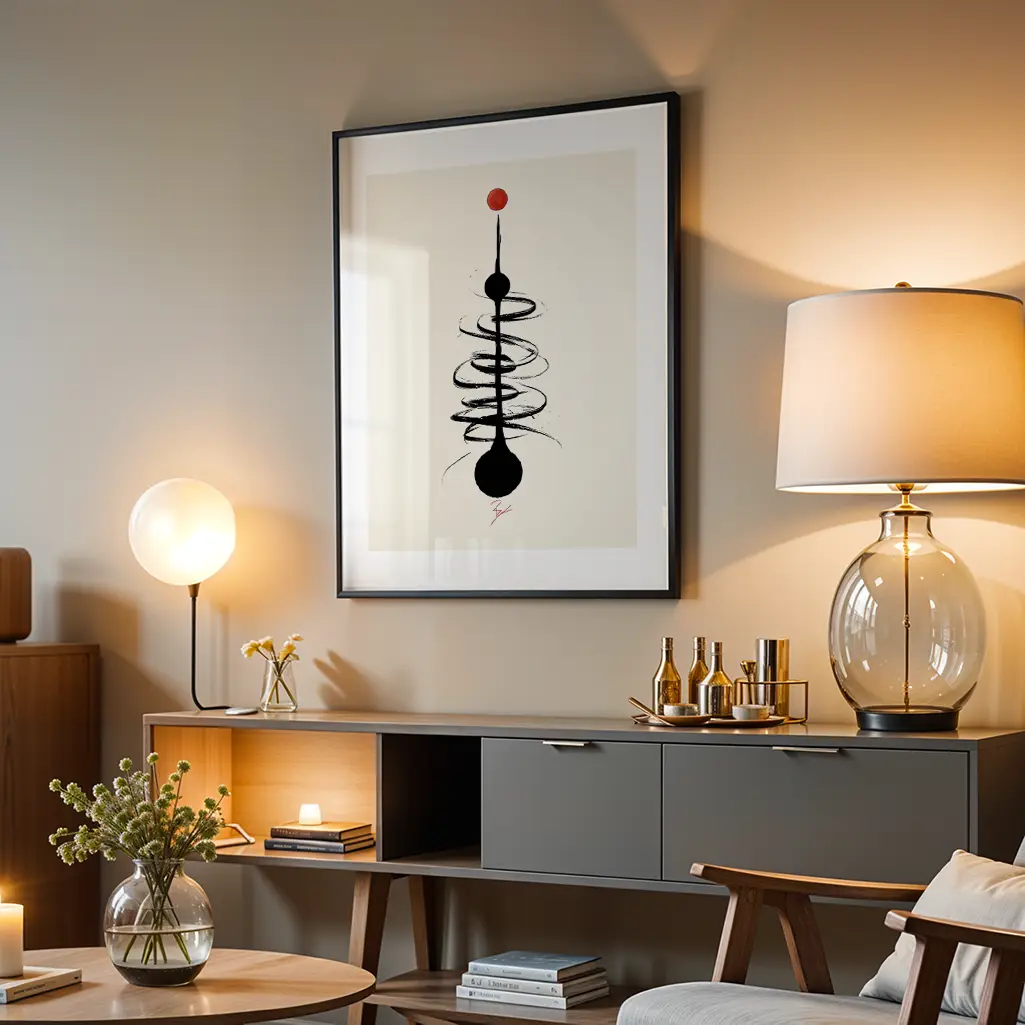 Framed Sumi-e print with black spirals and red dot, hanging on a grey wall above a console table with lamps.
