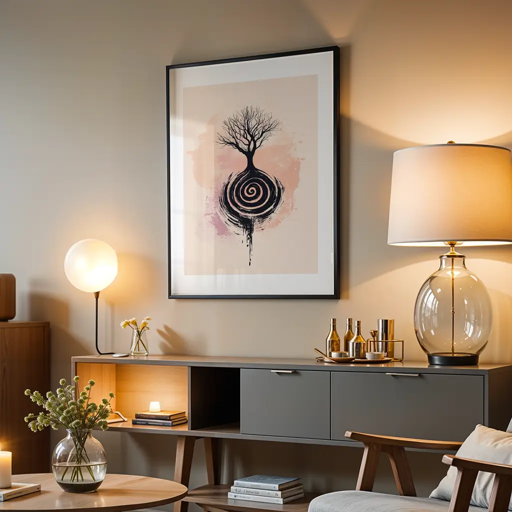 Large framed print hanging on a beige wall in a living room, above a console table with lamps and decor.