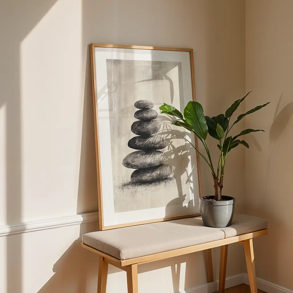 A framed print of stacked stones leaning against a light wall, next to a bench with a potted plant, catching sunbeams.