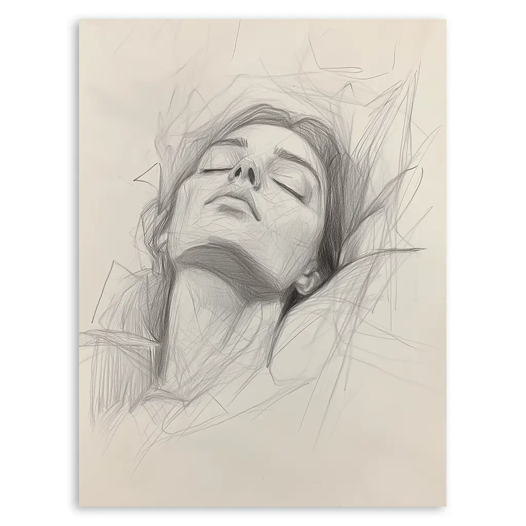 Close-up of a pencil sketch showing a peaceful sleeping woman's face