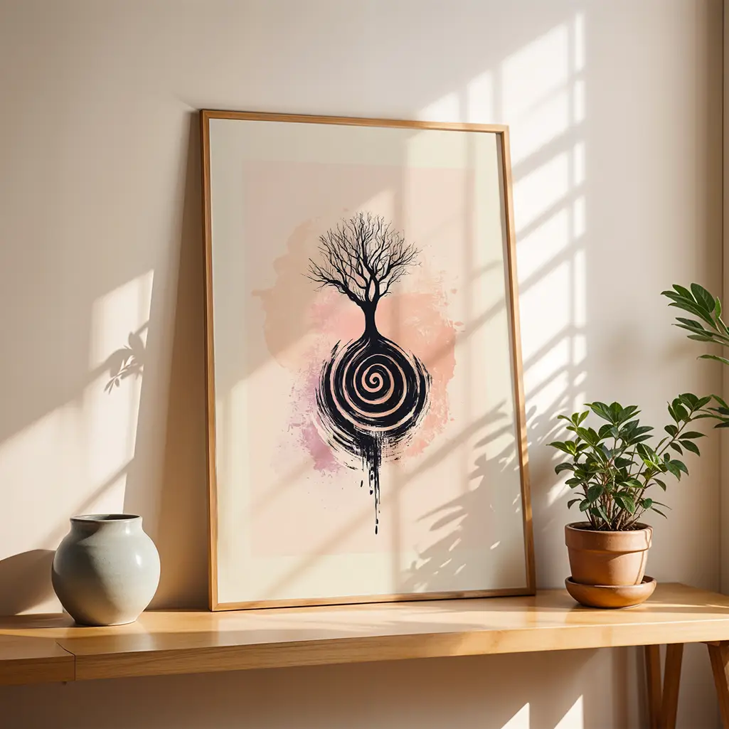 Framed print standing on a light wood shelf, casting shadows from a window, next to a plant and a ceramic vase.