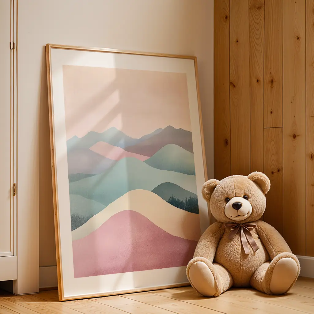 Framed pastel mountain print leaning on a wooden floor next to a large brown teddy bear.