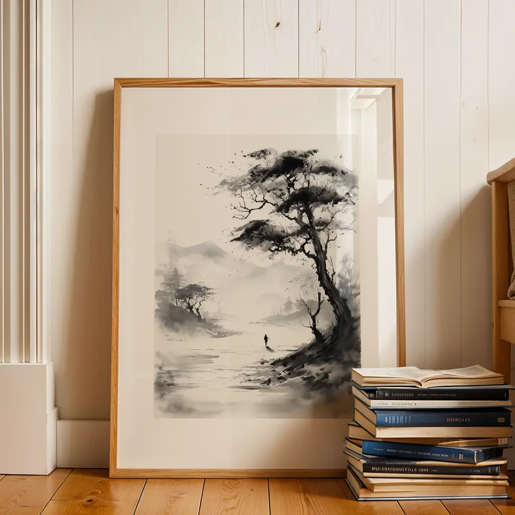 Sumi-e print in a wooden frame leaning against a wooden wall, with a stack of books.