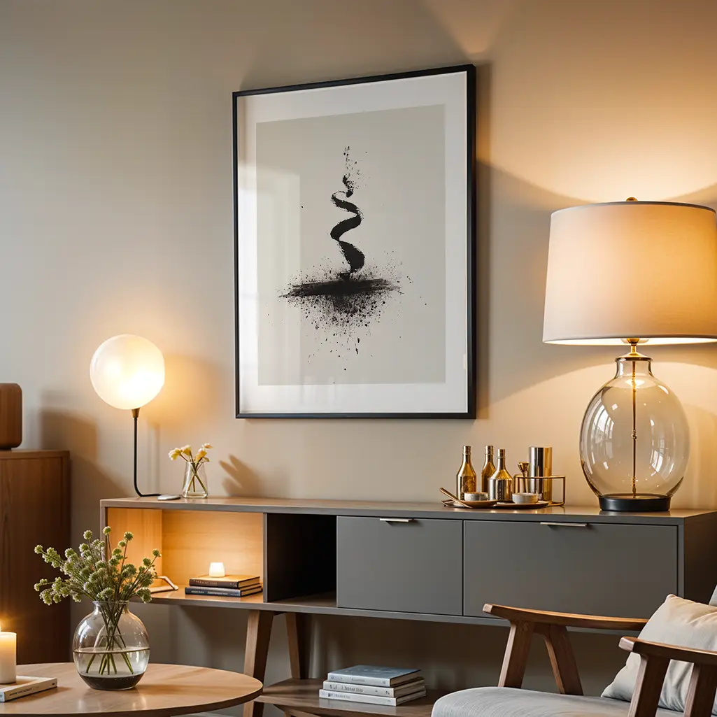 Framed Sumi-e print with a black ink spiral and splatters, hanging on a gray wall above a dark gray media cabinet with various lamps and decor.