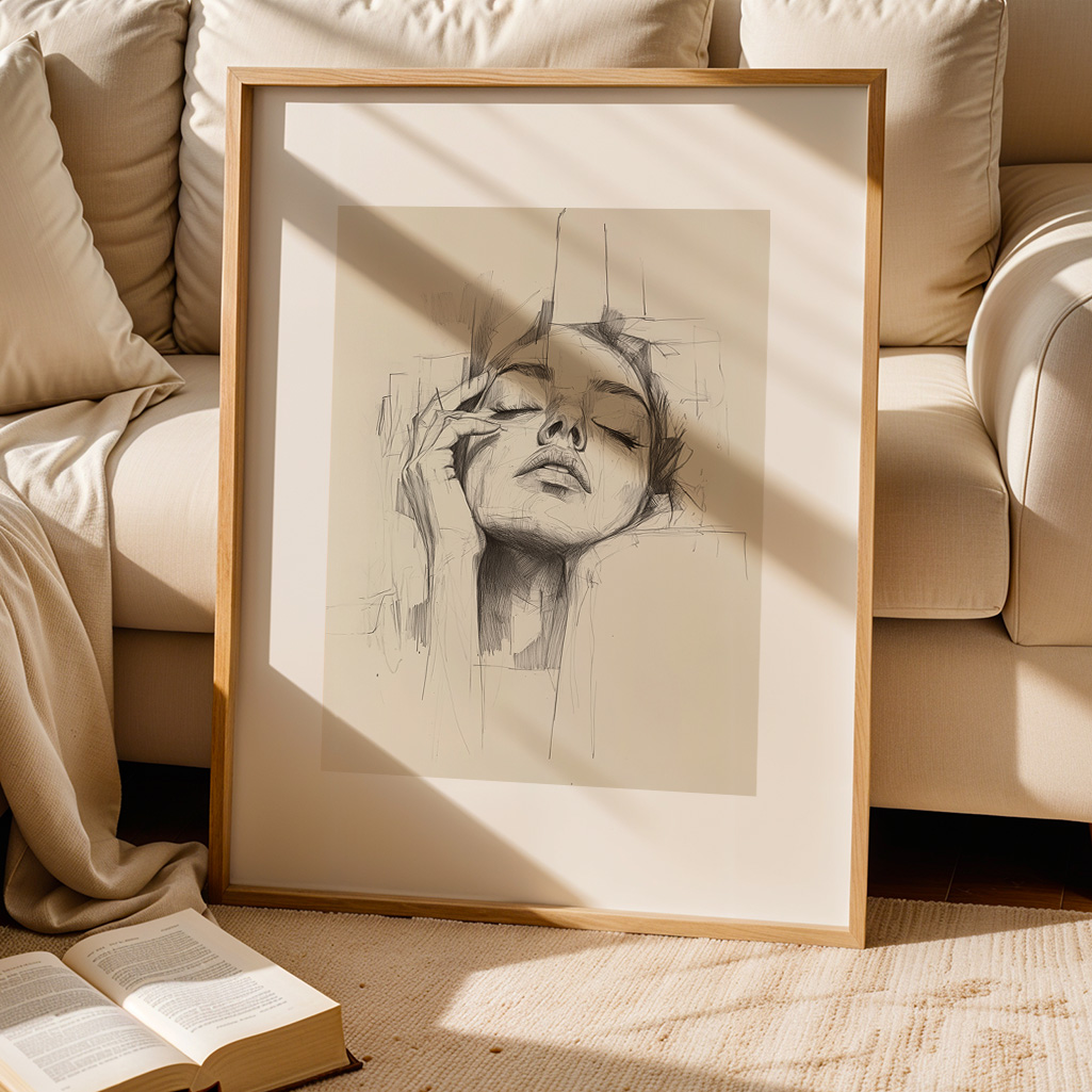 Framed sketch print of a serene woman's face leaning against a light colored couch with an open book on the floor, sun rays visible