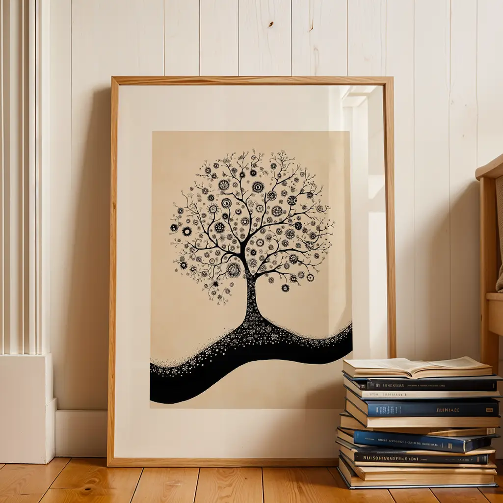 Framed black and white tree art leaning on a white wooden wall next to a stack of books on a wooden floor.