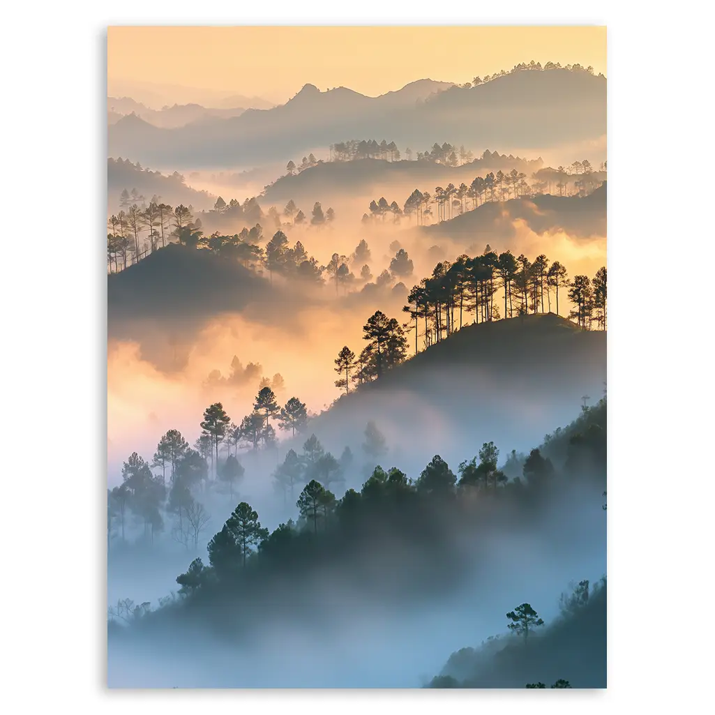 Unframed print showcasing a mountain range obscured by fog, with sunlit peaks.