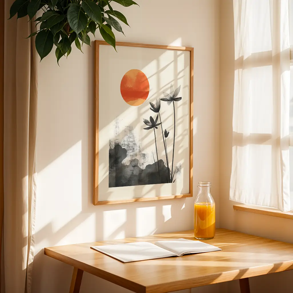 Framed Sumi-e print hanging on a wall next to a window, a table with a book and juice below.