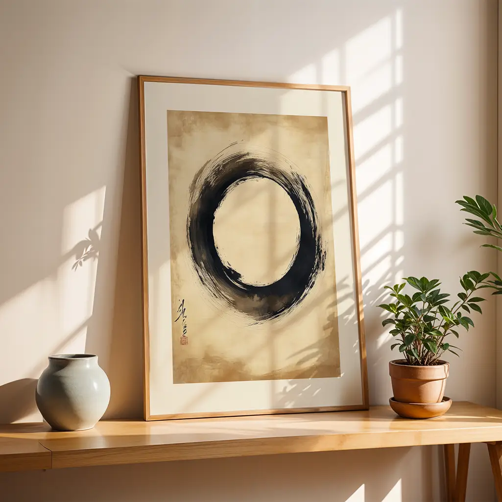 Ensō print in a wooden frame on a wooden desk next to a gray vase and a potted plant.