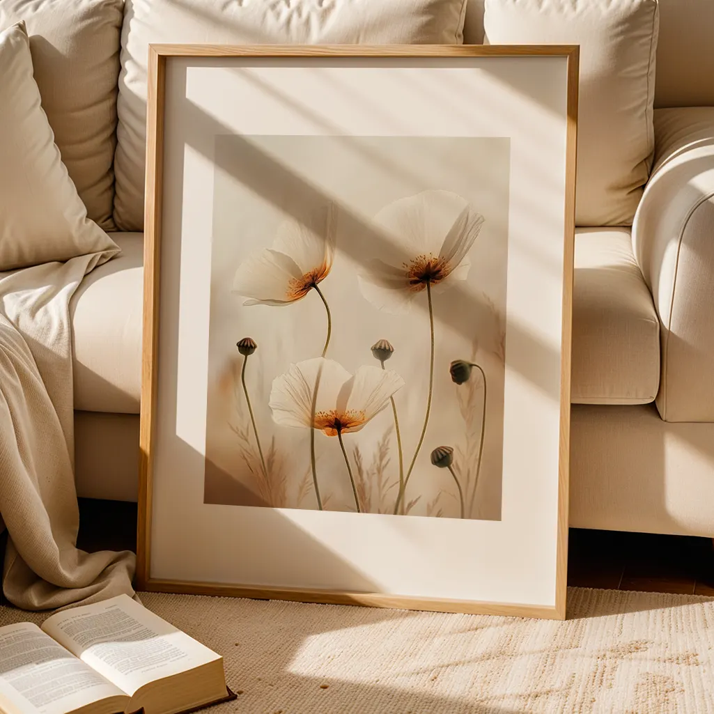 Framed print of white poppies leaning against a beige sofa with fluffy pillows and a white blanket, an open book on the floor.