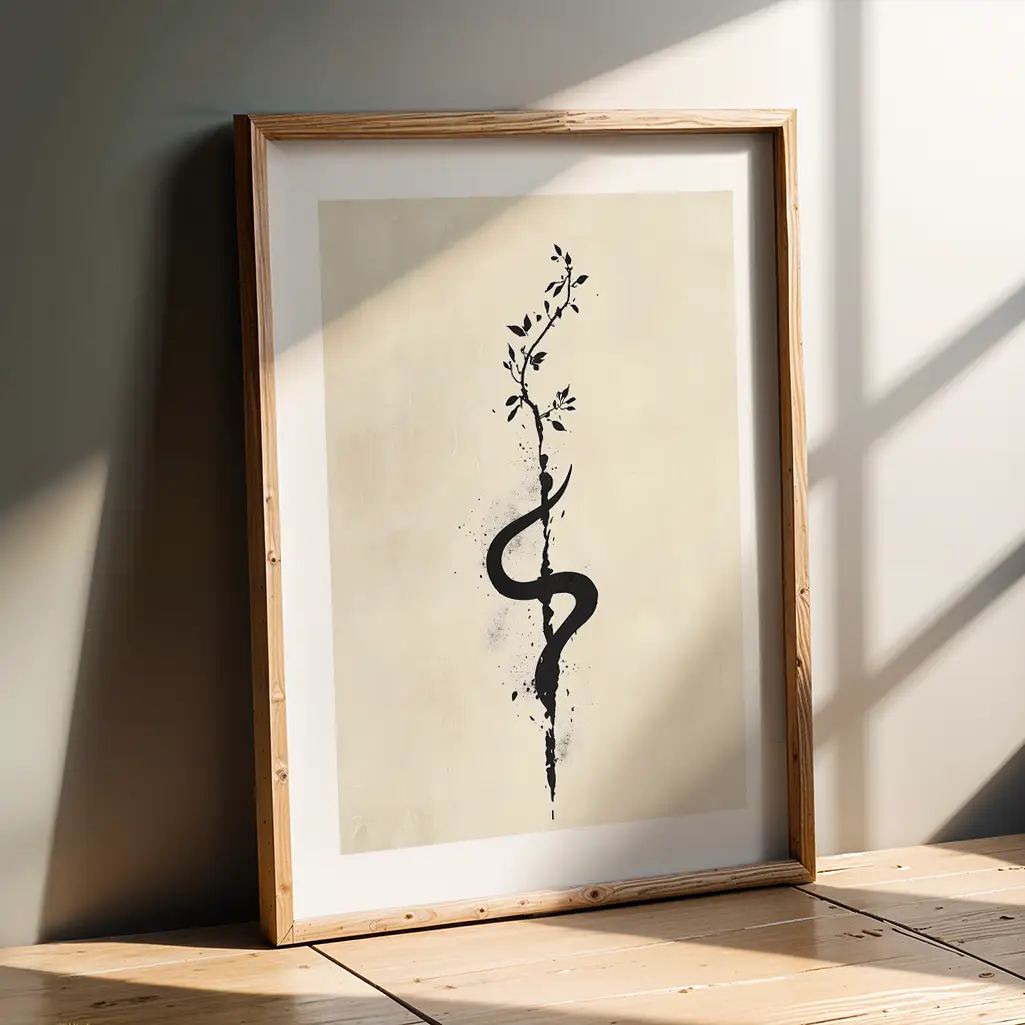 Unalome print in a wooden frame leaning against a gray wall on a wooden floor, with harsh shadows from a window.