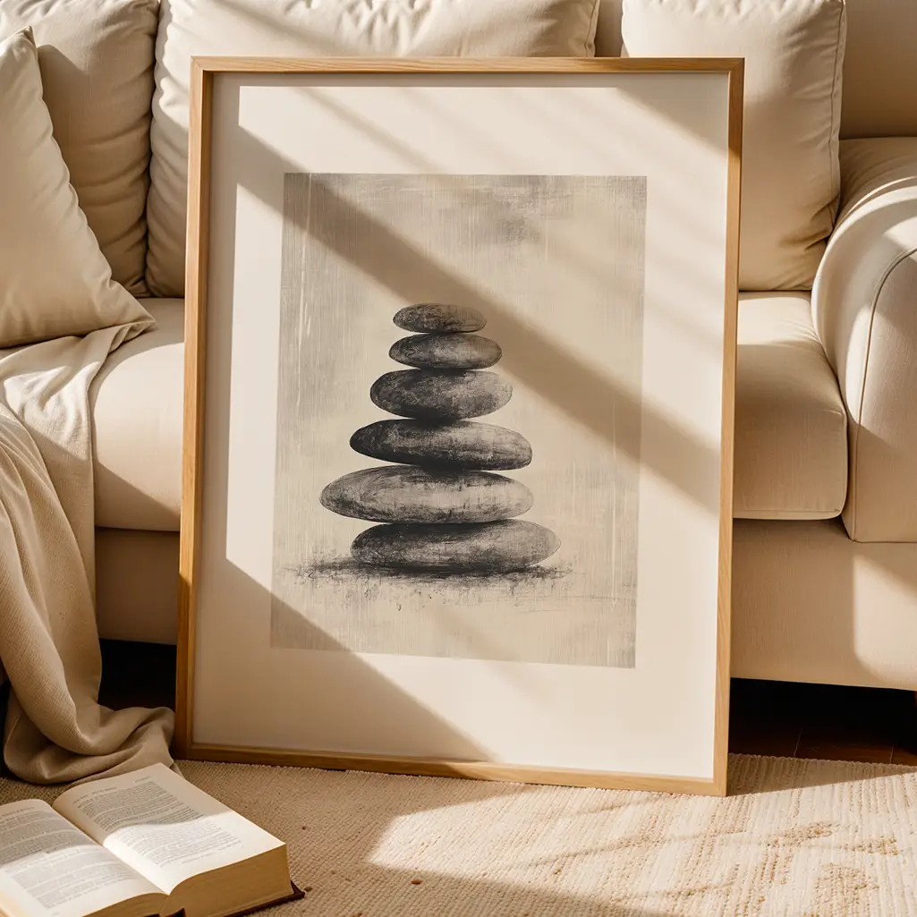 A framed print of stacked stones on a rug, leaning against a beige couch with a draped blanket and an open book.