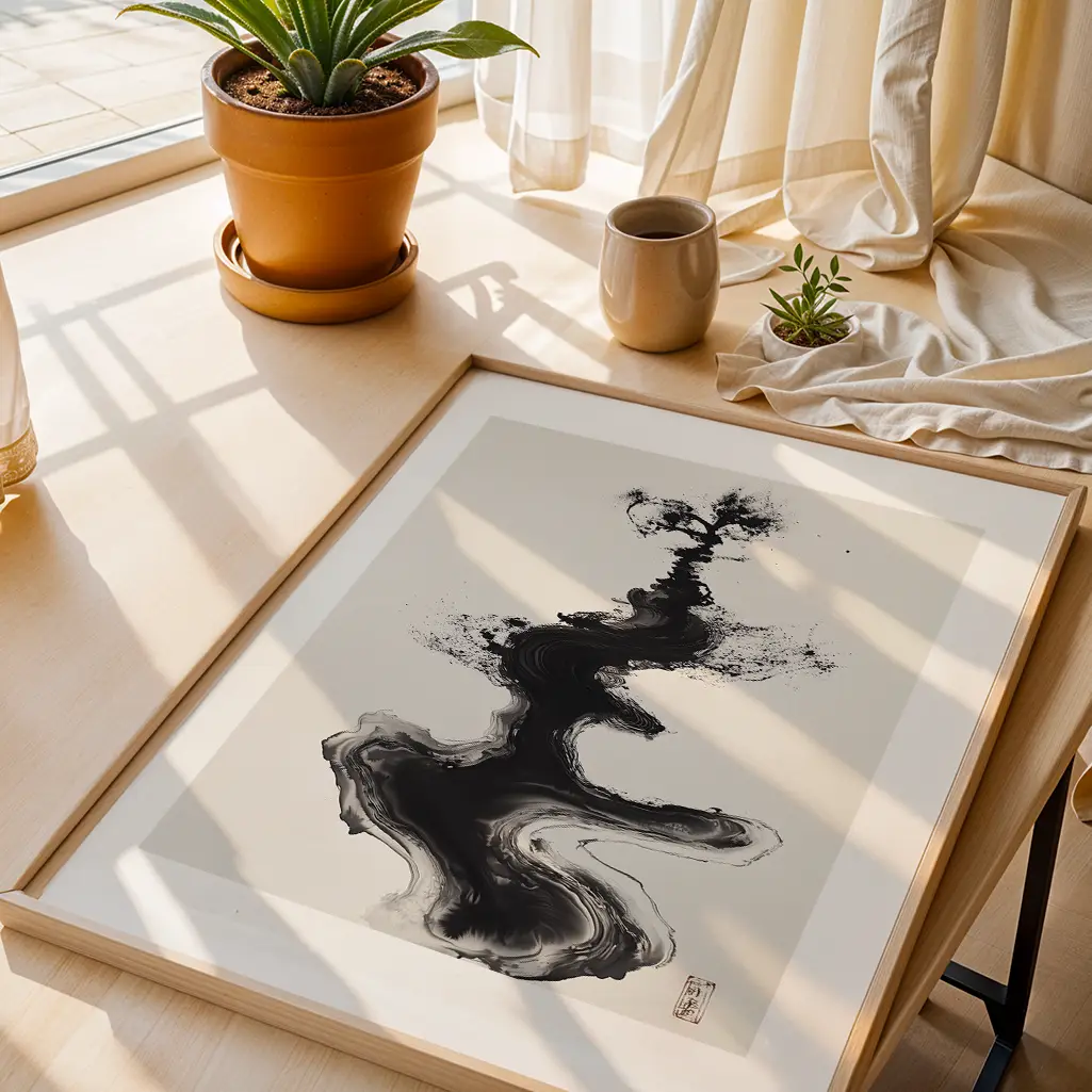 Overhead view of a framed Sumi-e ink art print with a dynamic black and white design, on a light wooden table with potted plants and a mug nearby.