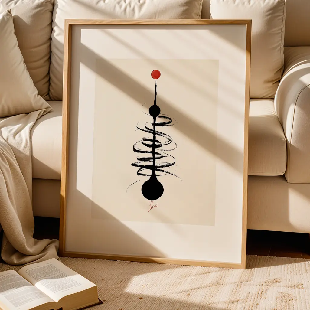 Framed Sumi-e print with black spirals and red dot, on carpet in front of a cream sofa with cushions.