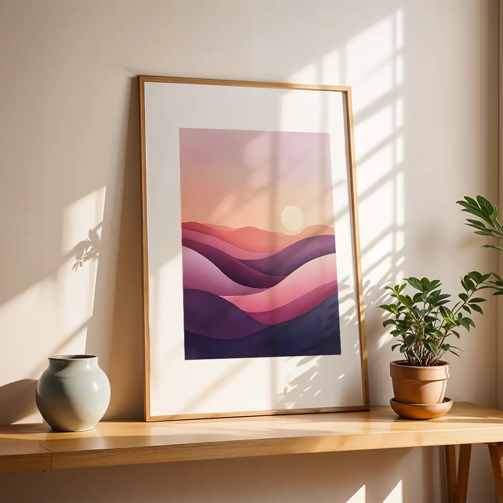 Framed pastel print of a sunset landscape on a wooden shelf next to a green plant in a pot and a gray vase, with window shadows.