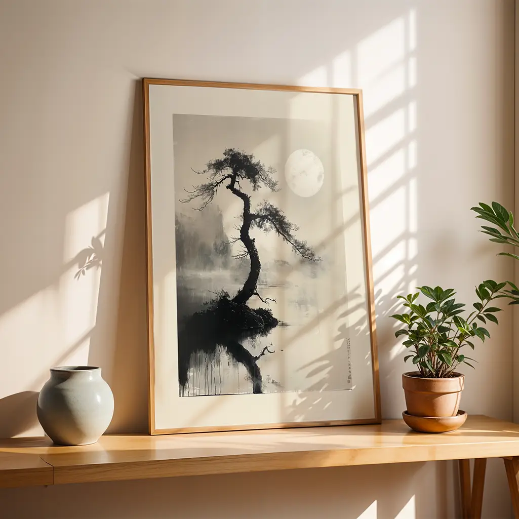 Moon's Embrace Island Sumi-e Print — Sumi-e art print poster
