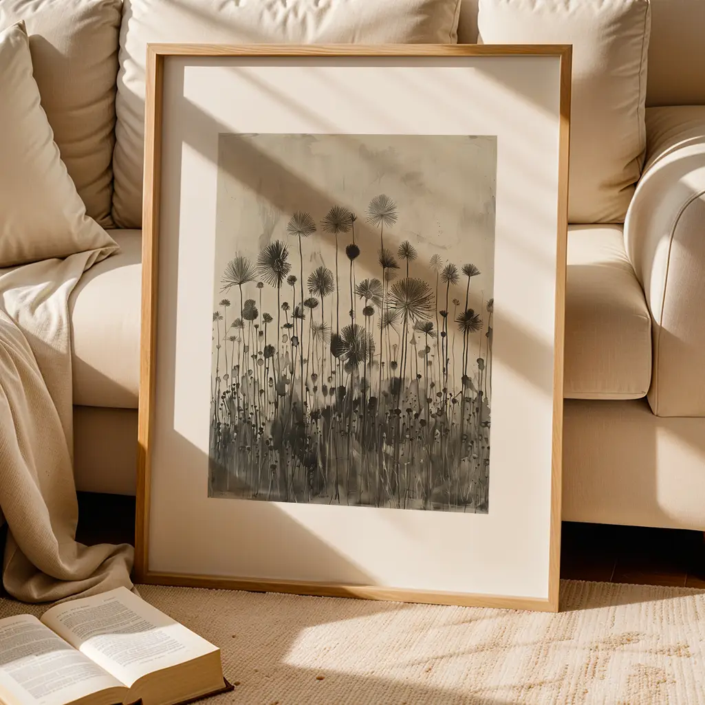 Framed botanical print of dark, fan-shaped florets and grasses in a muted design, resting on a light rug in front of a cream sofa with an open book.