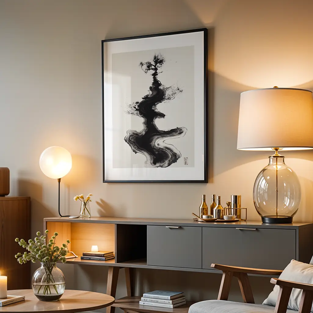 A large framed Sumi-e ink painting, showcasing a tall abstract black swirl, hanging on a grey wall above a console table with lamps and decor.