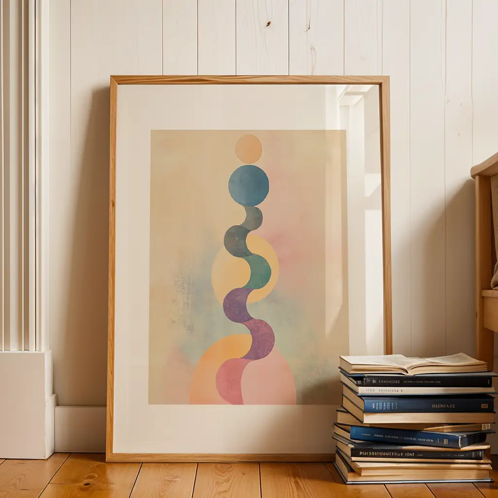 Framed pastel abstract print on a wooden floor next to a stack of books.