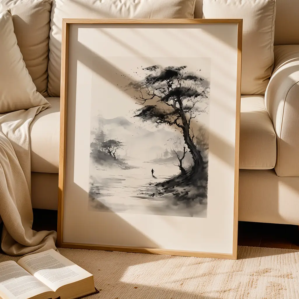 River's Echoes Sumi-e Print — Sumi-e zen art print poster