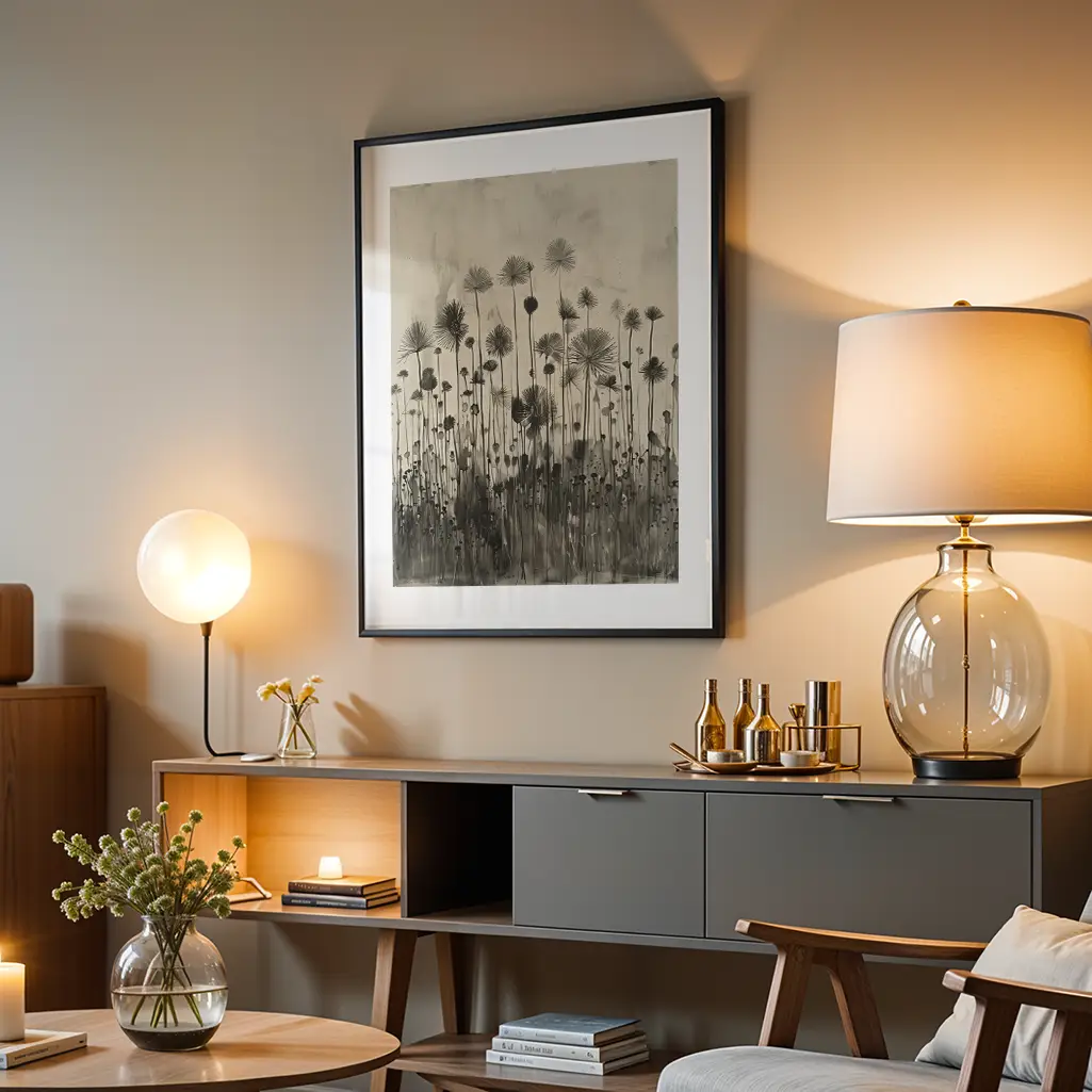 Framed botanical print of dark, stylized flowers and grasses in a gray room, hanging above a gray console table with lamps and decor.