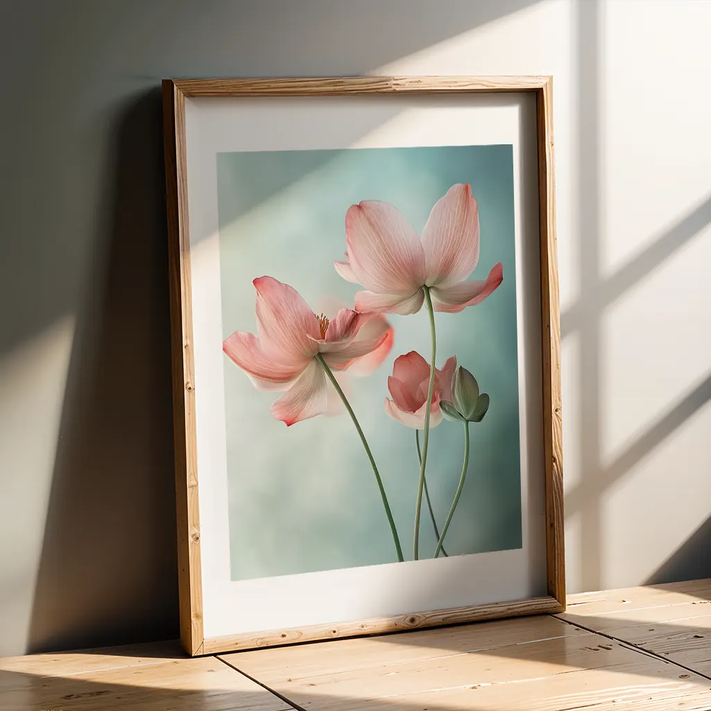 Framed print of pink lotus-like flowers on light blue background, leaning against a light gray wall on a wooden floor with sun stripes.
