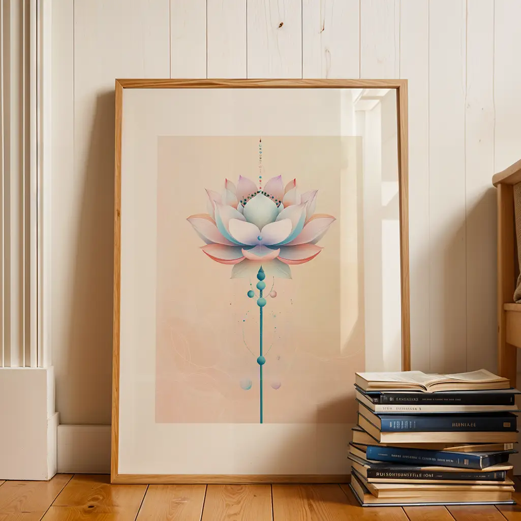 Framed lotus artwork leaning against a white wooden wall, with a stack of books and a wooden stool to its right.
