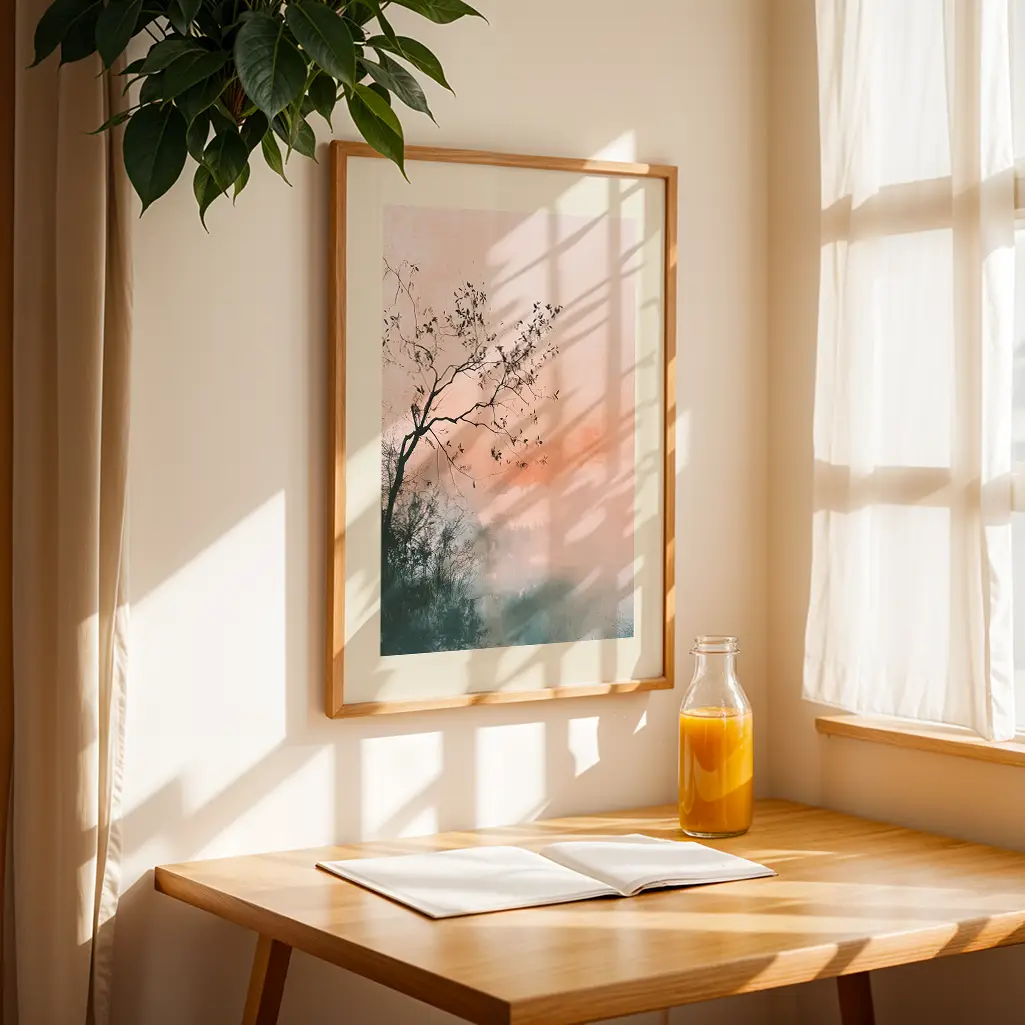 Framed pastel print hanging on a cream wall above a wooden desk with a notebook and orange juice, next to a window.