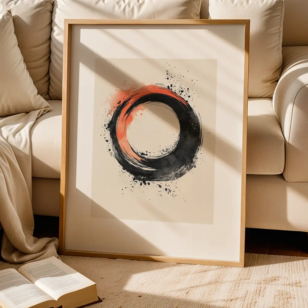 Framed 'Crimson Vortex Ensō' print leaning against a cream couch with an open book on a rug.