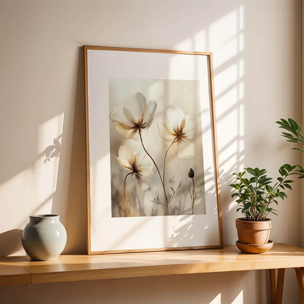 Botanical print in a wooden frame on a light wood shelf with a gray vase and a small potted plant, natural sunlight streaming in.
