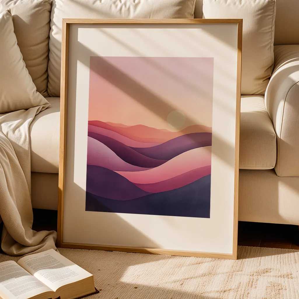 Framed pastel print of a sunset landscape propped against a cream-colored sofa with an open book on the rug.