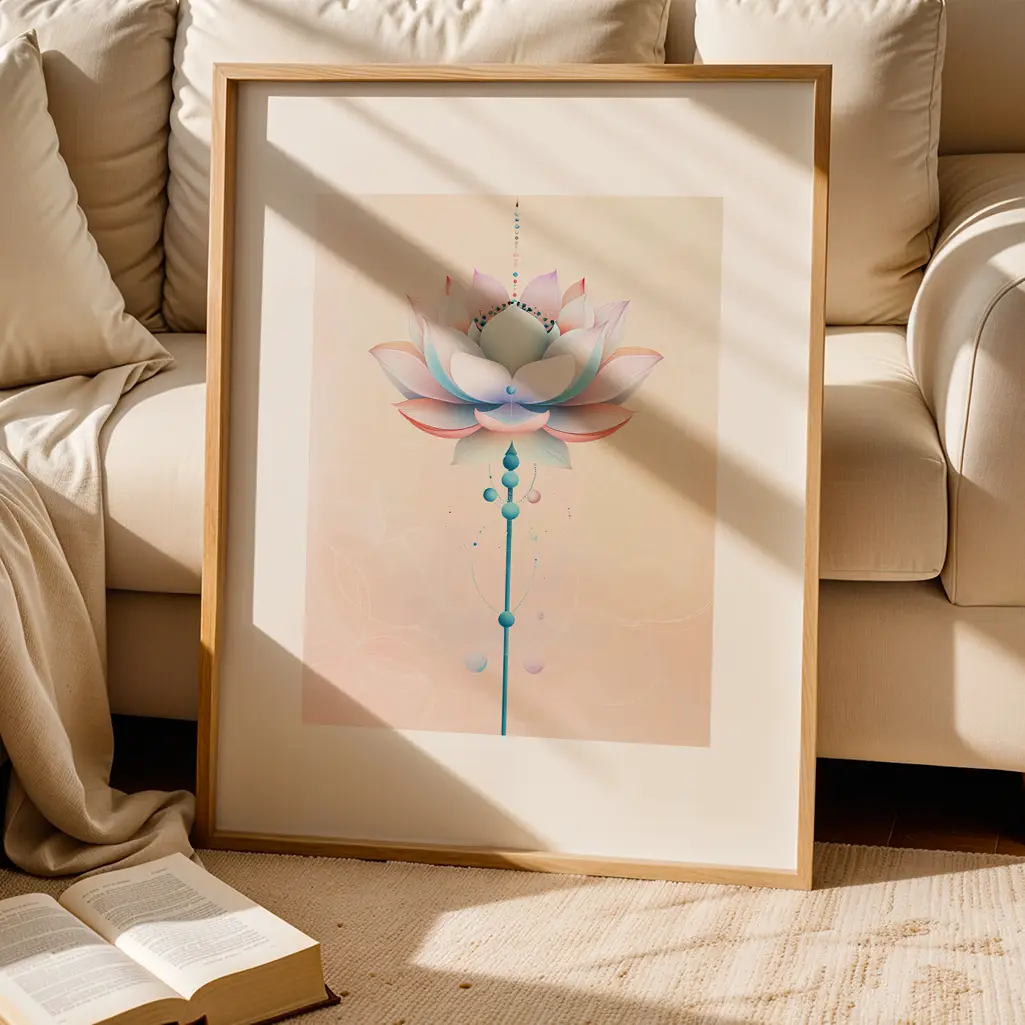 Framed lotus artwork on a rug in front of a neutral-colored sofa with a book open nearby, bathed in sunlight.