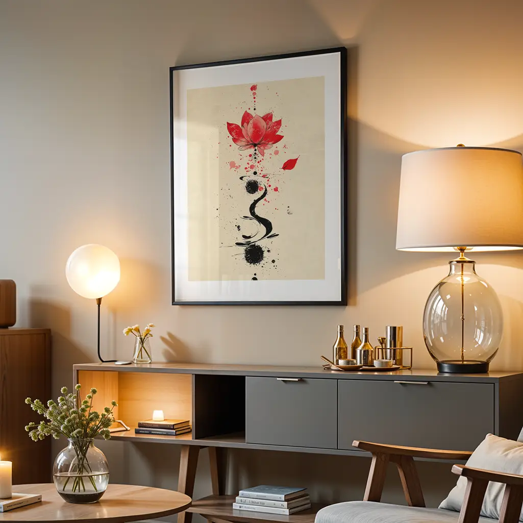 Red lotus and black unalome print in a black frame hanging on a wall above a modern credenza with lamps.