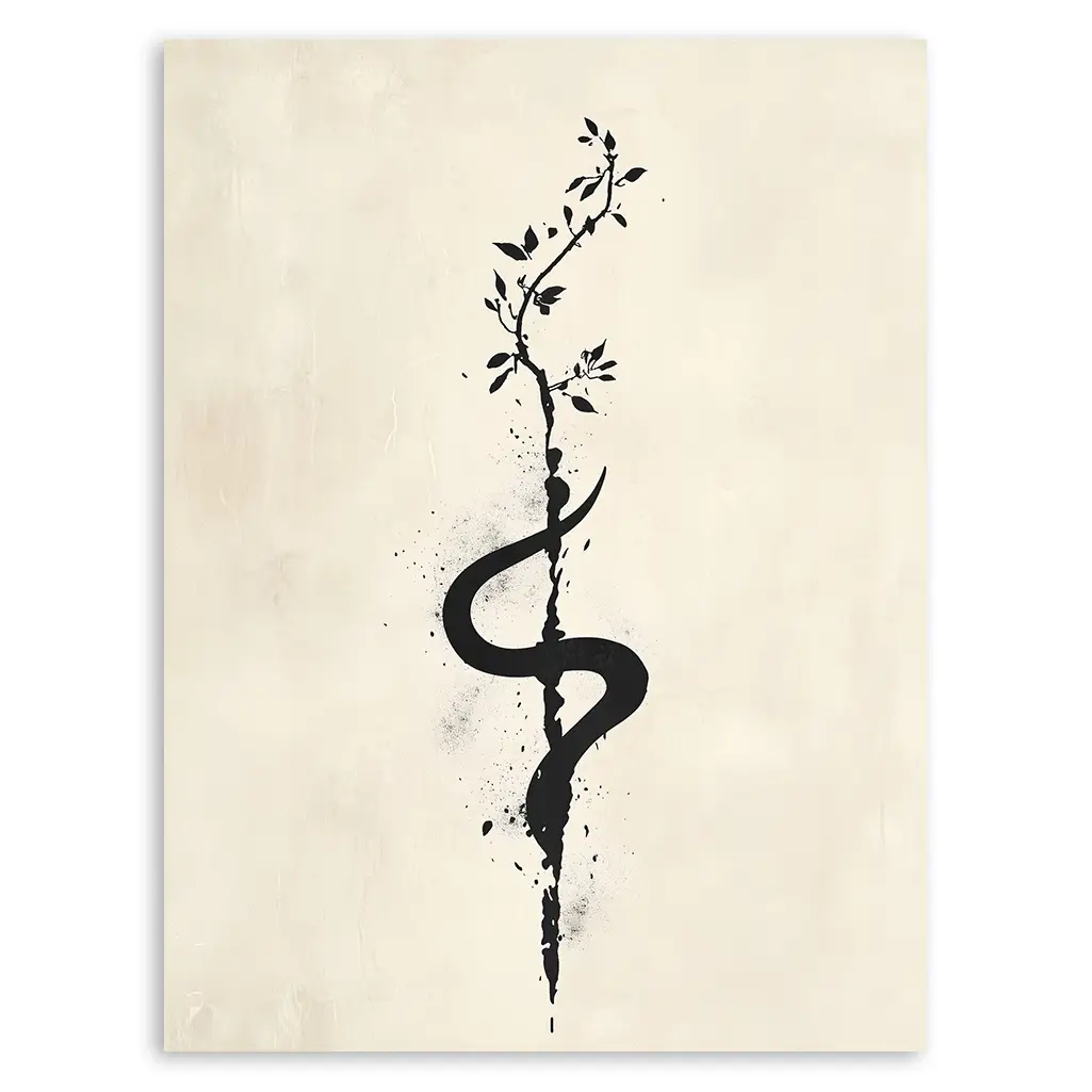 Close-up of the Unalome print featuring a black brushstroke design on a cream-colored background.