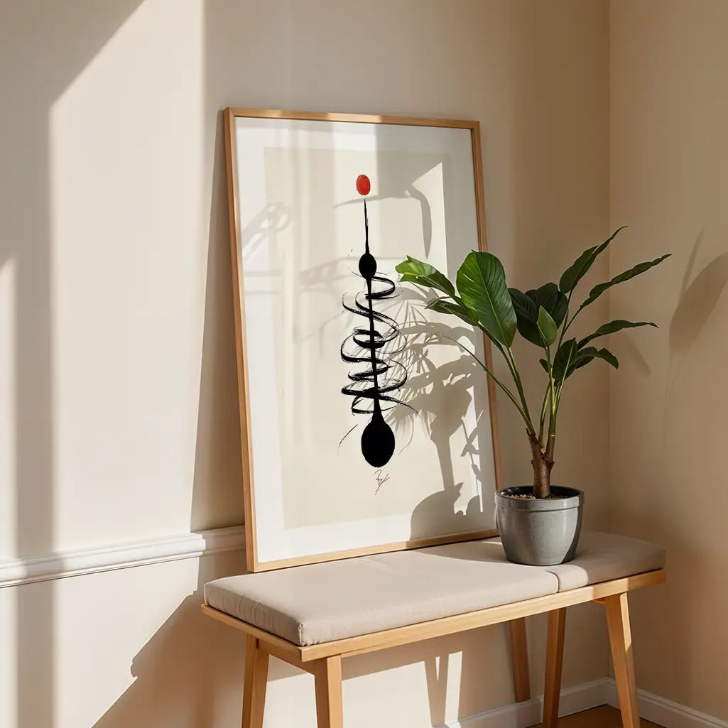 Framed Sumi-e print with black spirals and red dot, on a beige bench next to a potted plant.