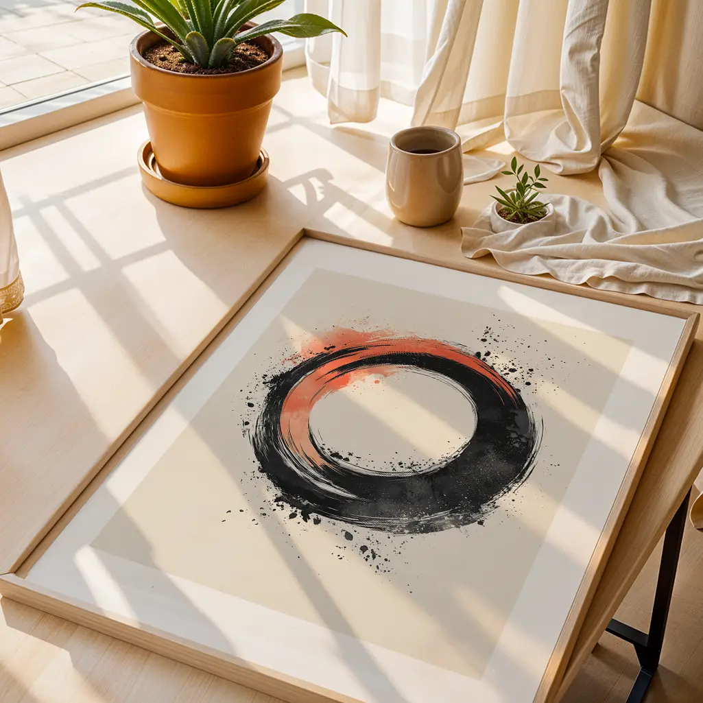 Overhead view of a framed 'Crimson Vortex Ensō' print on a wooden table, next to a potted plant and a ceramic cup.