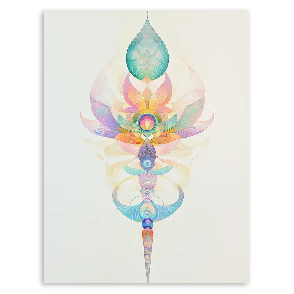 Close-up of an abstract lotus design with iridescent pastel colors on a white background.