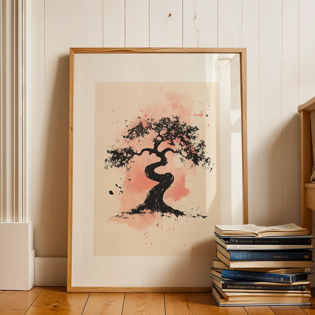 Crimson Bloom's Embrace Sumi-e Print — Sumi-e zen art print poster