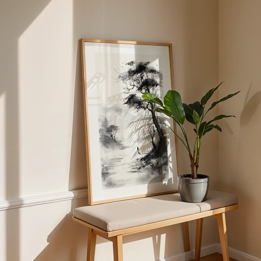 Sumi-e print in a wooden frame on a bench with a green potted plant in a sunny room.