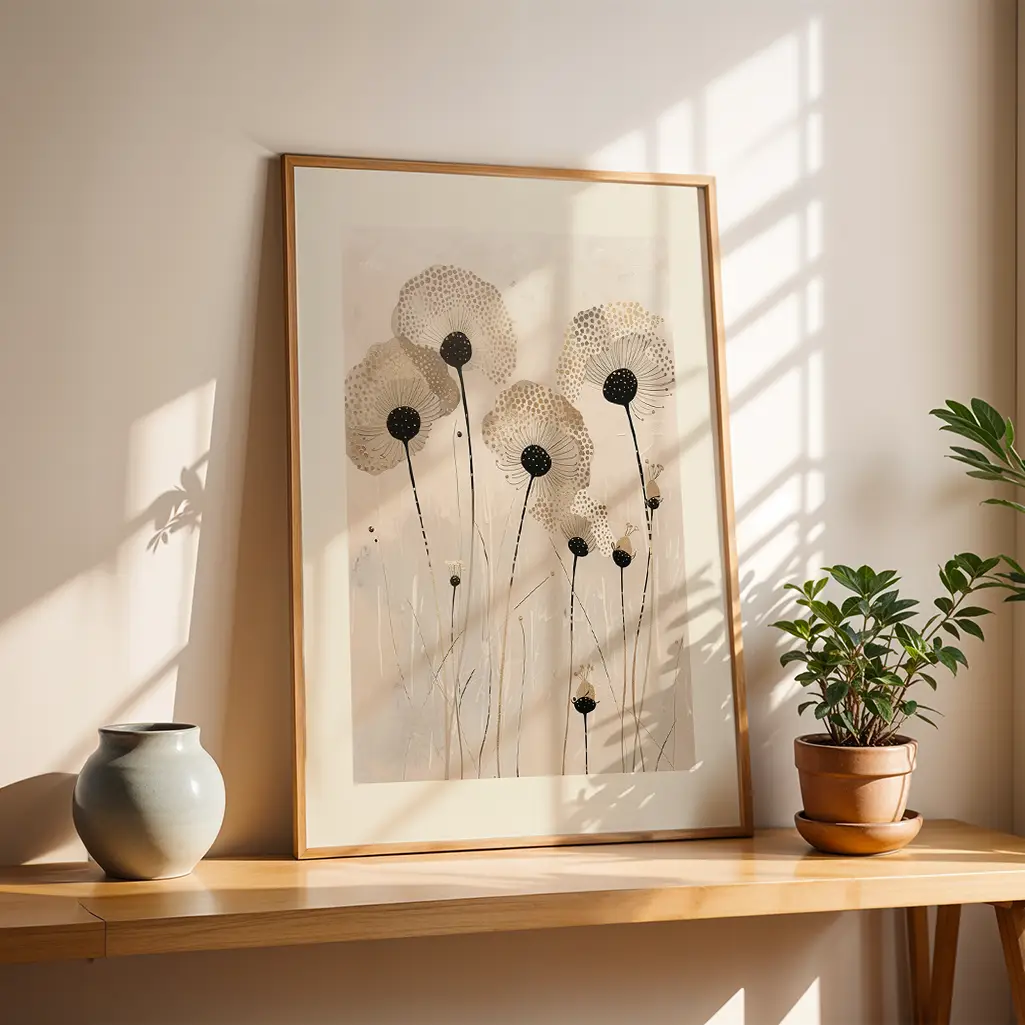 Framed botanical print of abstract floral elements basking in sunlight on a wooden shelf with a vase and potted plant.