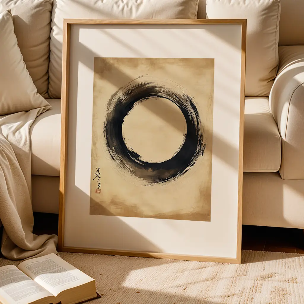 Ensō print in a wooden frame leaning against a white sofa with an open book on the floor.