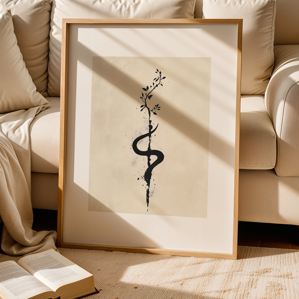 Unalome print in a wooden frame on a light rug, next to a beige sofa and an open book, with sunlight streaming in.
