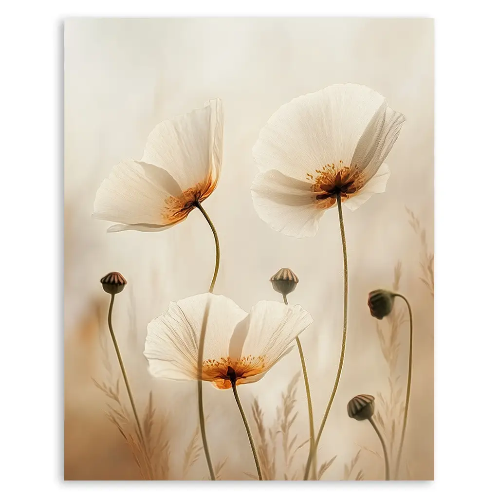 Close-up of an unframed print showing three translucent white poppies with orange centers and green stems, surrounded by poppy buds and tall grasses.