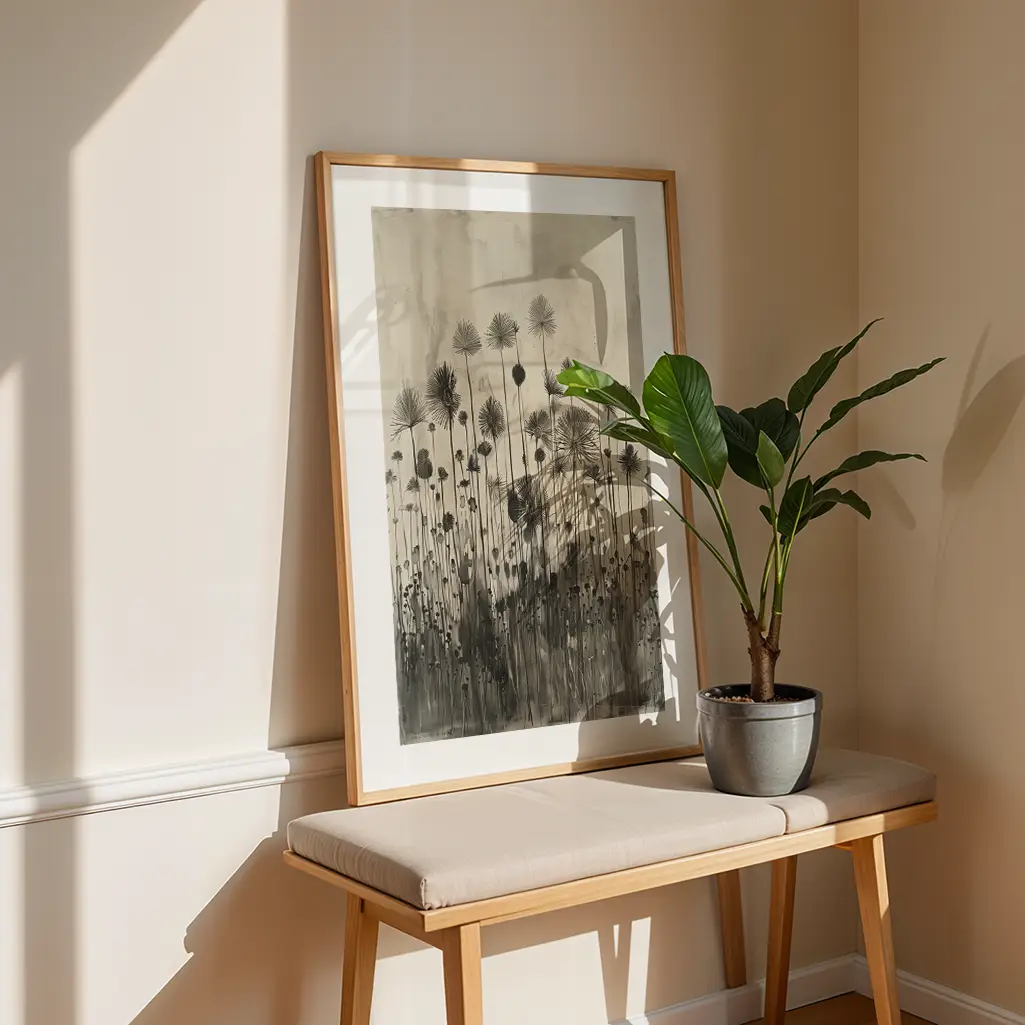 Framed botanical print featuring dark, feathery plants against a light background, leaning against a cream wall above a wooden bench. A potted green plant is to the right.