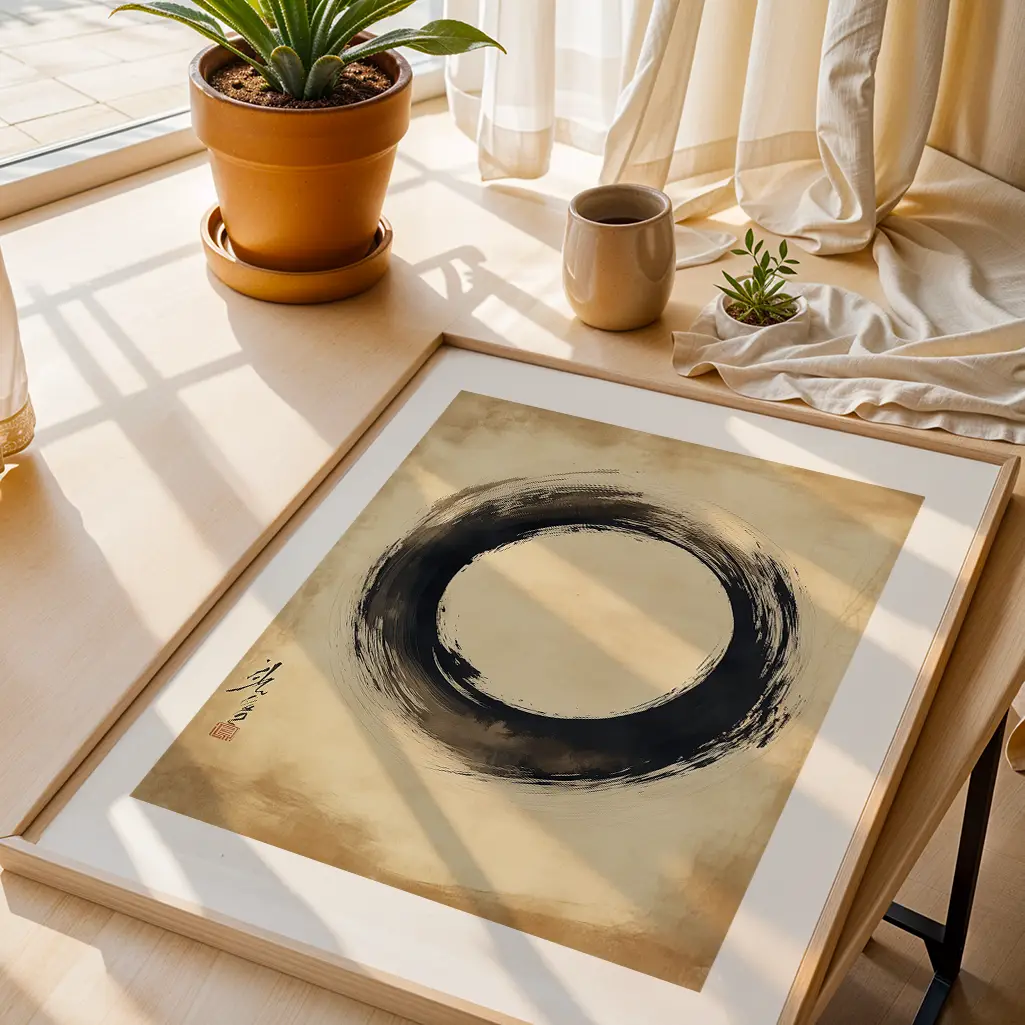 Ensō print in a wooden frame on a wooden surface with potted plants and a cup nearby.