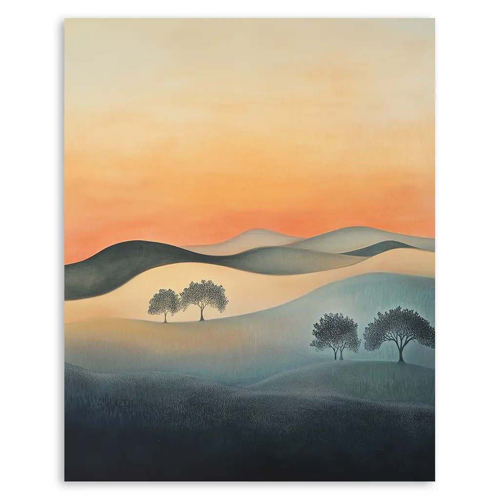 Closeup of a botanical print featuring silhouetted trees and rolling hills under an amber sky.