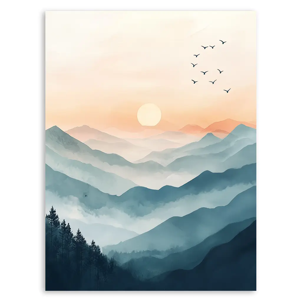 Close-up of a pastel print depicting misty blue mountains, a sun, and birds.